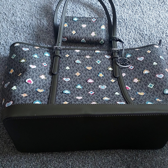 Michael Kors Black Tote with Colorful Heart Patterns Wallet Included